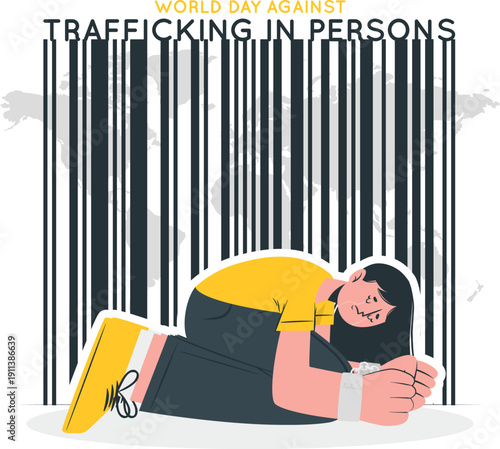 Illustration of a person lying down behind bars on World Day Against Trafficking in Persons