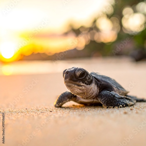Wallpaper Mural A small turtle on a sandy beach at sunset (1) Torontodigital.ca