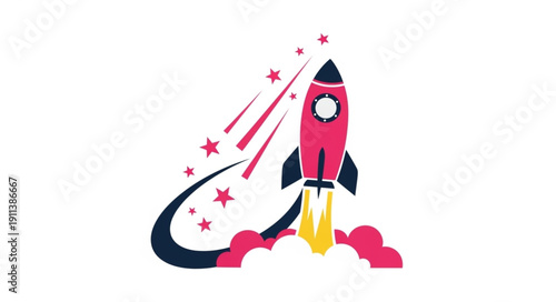 Pink rocket launching into space with stars and smoke.