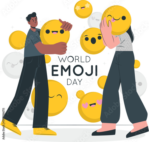 Man and woman surrounded by emojis on World Emoji Day celebration with various facial expressions