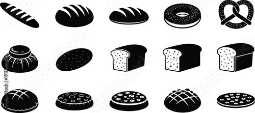 A collection of black and white icons illustrating various types of bread and baked goods