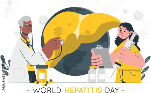 Medical professionals examining a giant liver on World Hepatitis Day, highlighting the global health issue and awareness campaign.