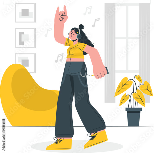 Woman dancing happily indoors with music notes surrounding her in a modern home setting