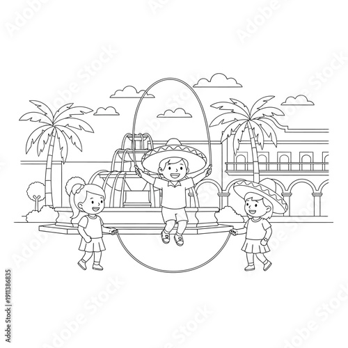 Three happy children, two girls and one boy in a sombrero, playing jump rope outdoors in a festive, sunny setting with palm trees and a fountain.