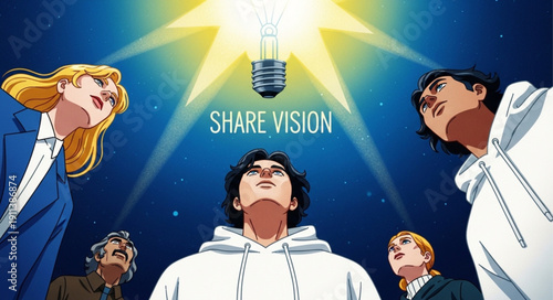 Diverse group of people looking up at a bright idea lightbulb.