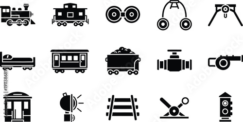 A collection of black silhouette icons representing various elements of train travel and railway infrastructure