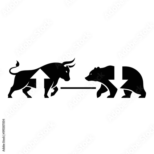 Bull and Bear stock market symbols with up and down arrows, concept of trading