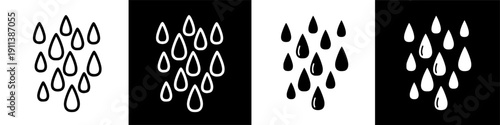 Graphic illustration of falling water drops, clean and simple weather icons on black background.