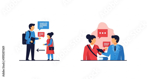 People communicating with speech bubbles and social distancing.