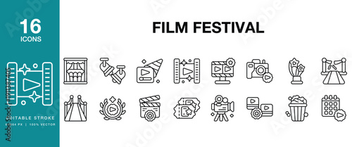 Film Festival icon set. Includes film, festival, cinema, movie, screening, premiere and More. Editable Stroke Icon Collection.