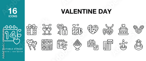 Valentine Day icon set. Includes valentine, love, romance, heart, romantic, couple and More. Editable Stroke Icon Collection.