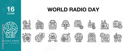 World Radio Day icon set. Includes radio, broadcast, fm, am, audio, news, music and More. Editable Stroke Icon Collection.