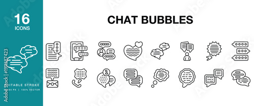 Chat Bubbles icon set. Includes chat, bubbles, message, messaging, conversation and More. Editable Stroke Icon Collection.