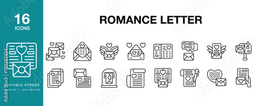 Romance Letter icon set. Includes romance, letter, love, message, envelope and More. Editable Stroke Icon Collection.