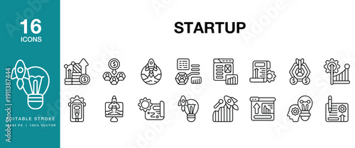 Startup icon set. Includes startup, business, entrepreneur, innovation, pitch and More. Editable Stroke Icon Collection.