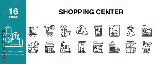 Shopping Center icon set. Includes shopping, mall, retail, store, boutique, outlet and More. Editable Stroke Icon Collection.