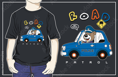 cute bear police patrol cartoon vector animal artwork illustration design for printing