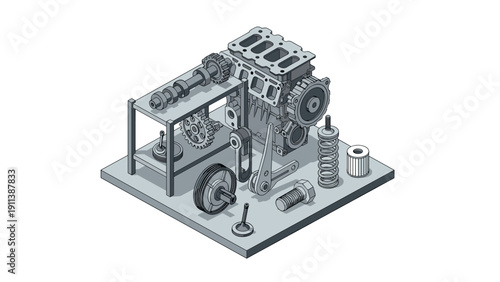 Isometric engine components display with detailed mechanical parts