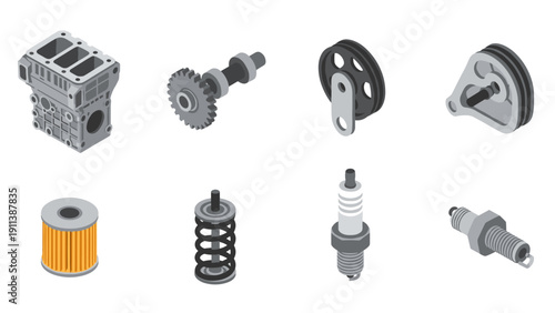 Isometric car engine parts set: cylinder, gear, pulley, filter