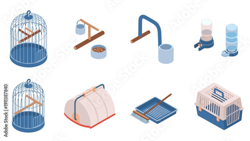 Essential pet bird care equipment: isometric bird cages and feeders