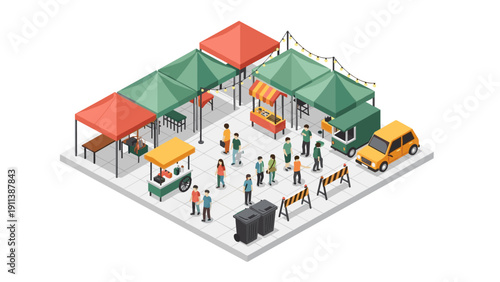 Isometric outdoor market scene with stalls, food trucks, and visitors