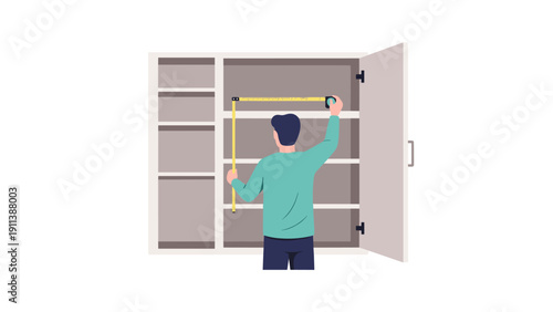 Man measuring empty cabinet with tape measure in minimalist design
