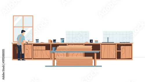 Craftsman working in woodshop with tools and material in workshop
