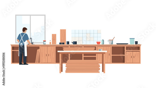 Modern kitchen with craftsman working at sink in spacious workshop