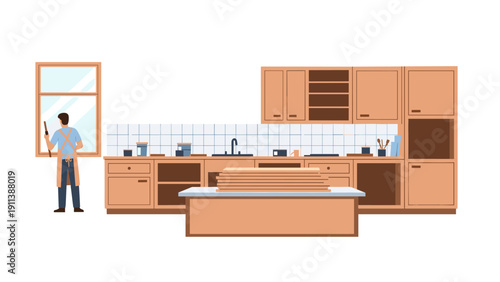 Renovation expert installing cabinets in modern kitchen setting
