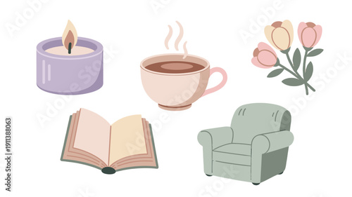 Cozy corner elements featuring a candle, coffee cup, flowers, a book, and an armchair.
