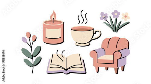 Cozy home objects, including a book, cup, and candle.