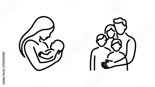 Illustrations of a mother with baby and a family of four.