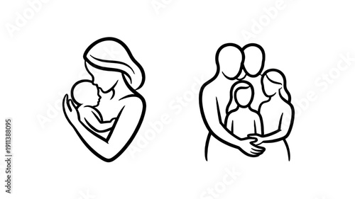 Family themed icons showing a mother holding a baby and a family together.