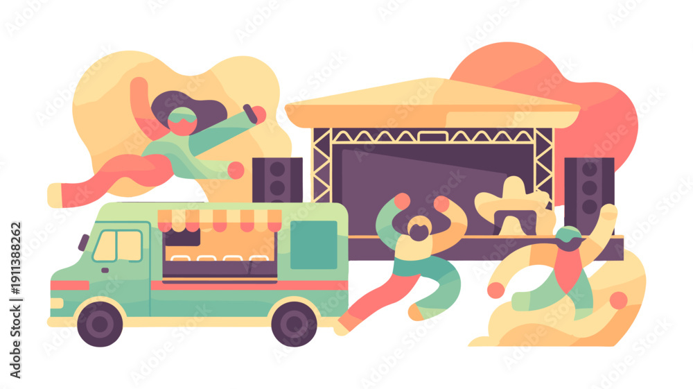 Naklejka premium Festival scene with food truck and stage, celebrating and enjoying.