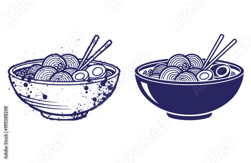 Grunge texture Two bowls of noodles with chopsticks on a clean surface Vintage Style