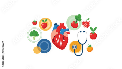 Anatomical human heart is surrounded by various icons of healthy vegetables, fruits, a stethoscope, and medical charts for wellness.