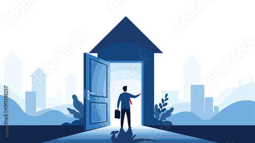 Businessman with a briefcase walks through a bright open doorway shaped like a house toward a city skyline with rising arrow symbols.