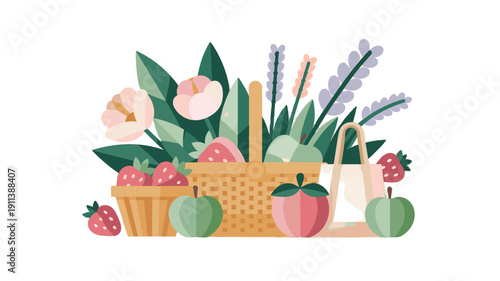 A delightful illustration of a picnic basket brimming with fruits and flowers, perfect for a sunny day.