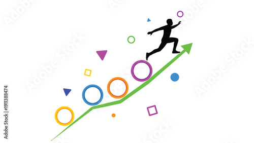 Dynamic businessman silhouette leaps forward on an ascending green arrow passing through various colorful circles to achieve rapid career growth.