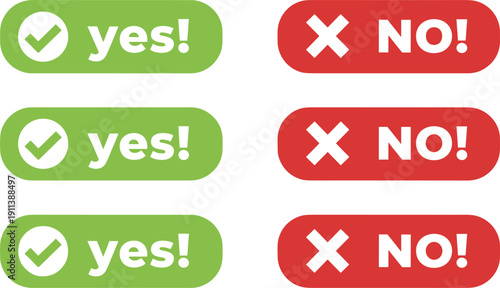 Yes and no button icon set featuring checkmark cross approval rejection green red vector collection