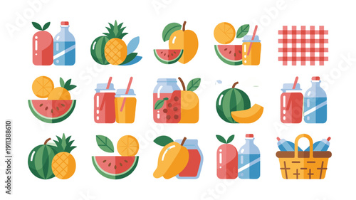 Assorted fruit juices and a picnic basket with various fruits and juice, ideal for picnics.