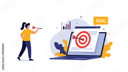 Woman aims a dart at a target displayed on a laptop screen to represent precise digital marketing strategies and achieving business goals.