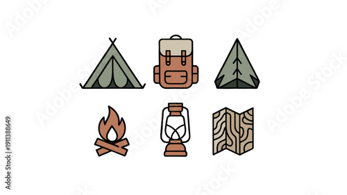 A set of camping equipment icons for outdoor adventures.
