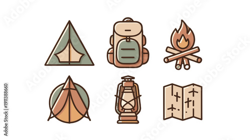 Camping Equipment Icon Set.