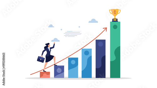 Determined businesswoman climbs up a rising bar chart to reach a golden trophy at the top signifying hard work and peak career achievement.