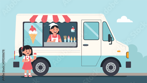 Happy young girl buys a delicious cold cone from an ice cream truck server on a sunny day representing summer joy and childhood memories.