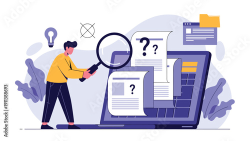 Data researcher uses a large magnifying glass to inspect various digital documents and question marks on a laptop screen to find answers.