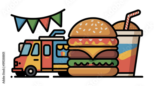 A vibrant illustration of a food truck with a burger and a soda.