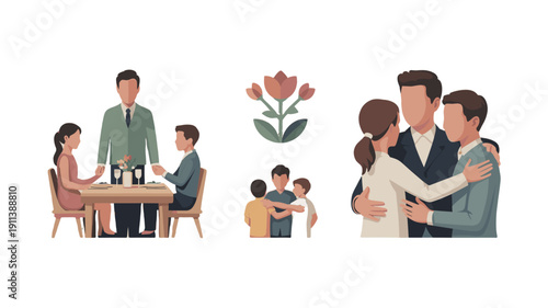 Family life illustration featuring different moments and emotions.
