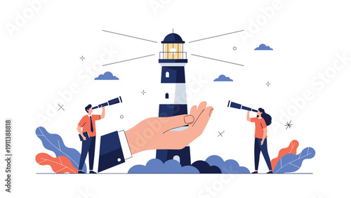 Large protective hand supports a beacon lighthouse while people use telescopes to look forward representing strong leadership and corporate guidance.